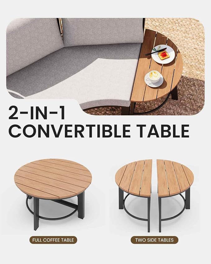 Half Moon Patio Furniture Set, Aluminum Curved Patio Conversation Sets, Luxury Outdoor Sectional Sofa with PE Rope, All-Weather 7 Pcs Outdoor Couch with Modular Coffee Table & Cushions, Gray