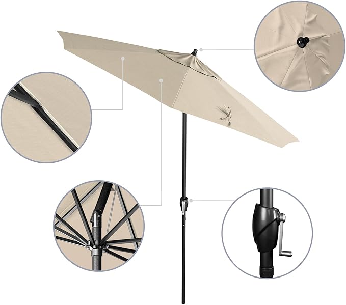 California Umbrella 7.5' Rd Aluminum Patio Umbrella, Crank Lift, Auto Tilt, Black Finish, Antique Beige