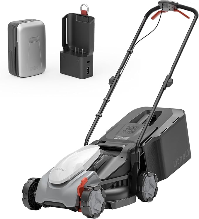 Litheli 14 Inch Cordless Lawn Mower, Lightweight Foldable Push Mower with 5.0Ah Battery, Brushless Motor Lawnmower for up to 3000 Sq. Ft, 5-Position Height Adjustment (1-2.5 in), Includes Charger