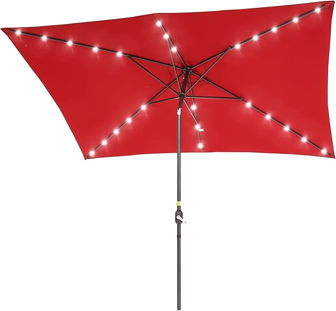 Rectangle Patio Umbrella with Solar Lights, 10 x 6.5ft Rectangular Outdoor Umbrella Table Market Patio Umbrella with Push Button Tilt and Crank for Garden, Deck, Backyard, Pool