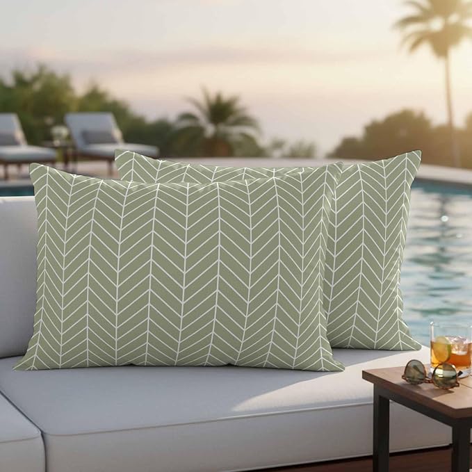Outdoor Waterproof Throw Pillow Covers Set of 2 Sage Green Chevron Stripes Lumbar Pillowcases 20x12 Inches Modern Geometric Texture Decorative Pillows Cushion Case Patio Pillows for Couch Bed Chair