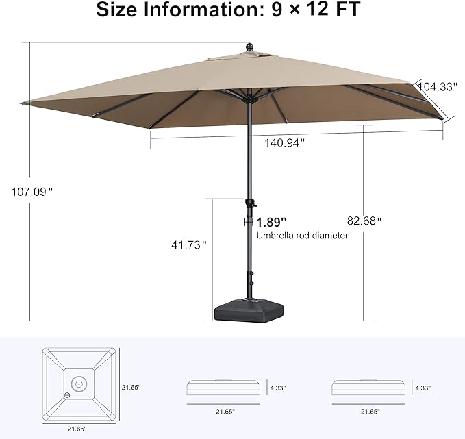 PURPLE LEAF 12' x 9' Rectangle Patio Market Umbrella with Base Outdoor Table Umbrellas Aluminum Frame Sun Shade with 8 Sturdy Ribs for Garden Deck Lawn Pool Taupe