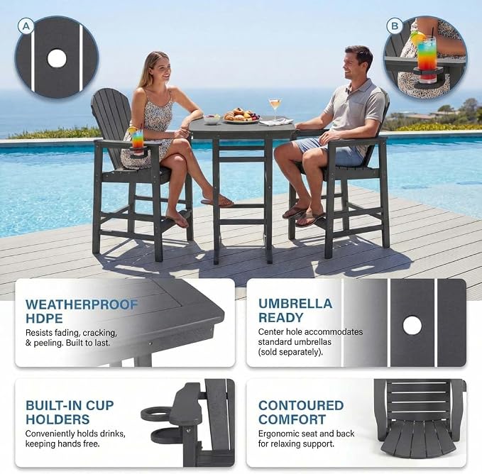 WILLIAMSPACE Height Patio Bar Table Set of 3, Outdoor Square Bar Table with Umbrella Hole, 2 Bar Stools with Cup Holders, 3-Piece All-Weather Outdoor Bistro Set for Kitchen Outside (Grey)