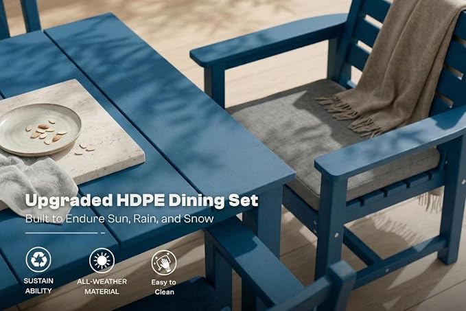 Perli™ 5-Piece Outdoor Dining Set, All-Weather HDPE Patio Furniture with 4 Armrest Chairs and Rectangular Table, UV-Resistant 4-Person Set for Deck, Backyard, Blue