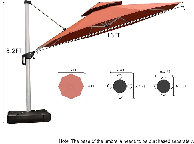 PURPLE LEAF 13 Feet Double Top Round Deluxe Patio Umbrella Offset Hanging Umbrella Outdoor Market Umbrella Garden Umbrella, Brick Red