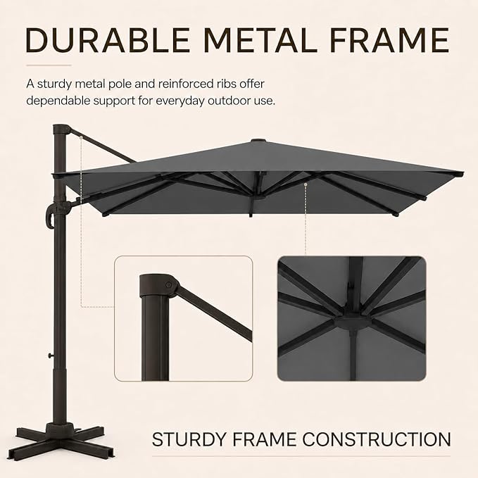 Kingdura 9' X 9' Cantilever Patio Umbrella with Base Included, Large Square Outdoor Offset Umbrella with 360-degree Rotation, 4 Position Tilt, UV Protection for Pool Deck Garden Patio (Grey)