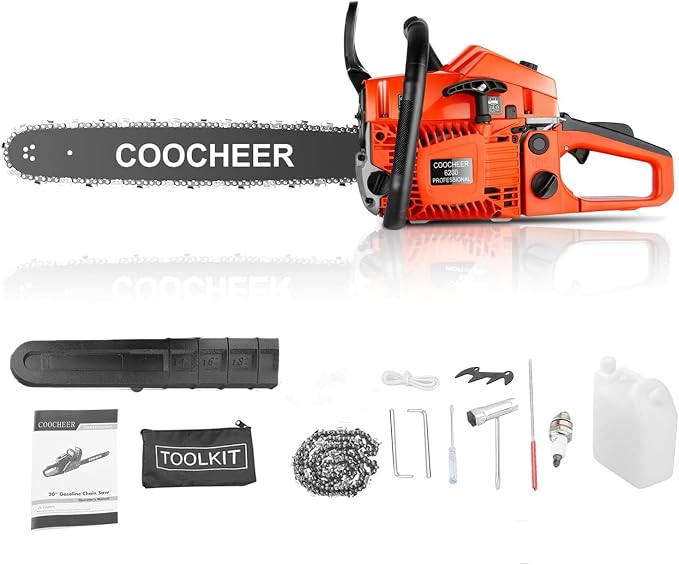 62CC Gasoline Chainsaw with 20-Inch Bar, 3.5HP 2-Stroke Gas Powered Chain Saw for Logging, Landscaping, and Firewood Cutting, Heavy Duty Tree Saw for Farm, Garden and Ranch Use