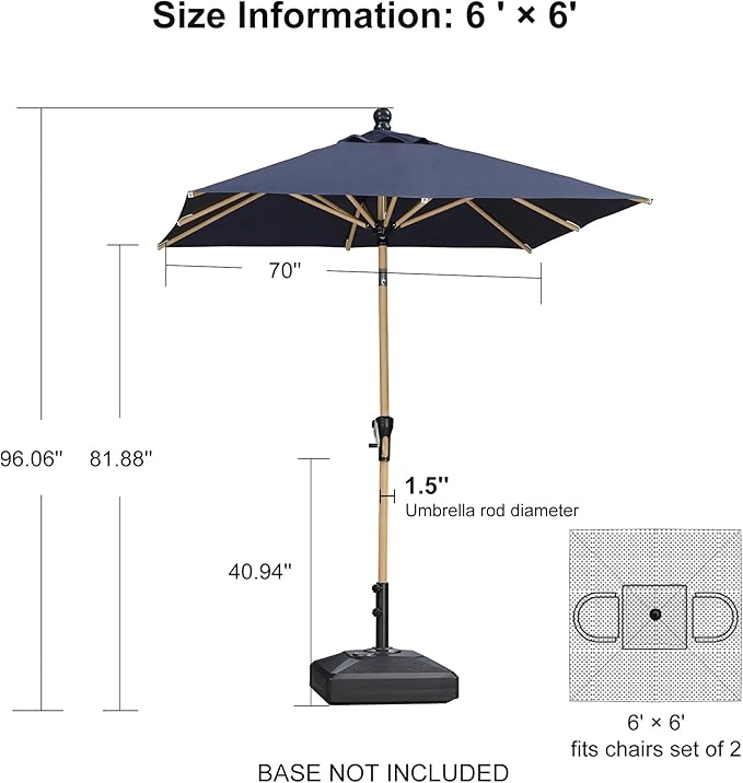 PURPLE LEAF 6' x 6' Market Umbrella Outdoor Table Umbrella Aluminum Patio Umbrella with Push Button Tilt & 8 Sturdy Ribs and Crank Outdoor Umbrellas for Deck Backyard Beach, Navy Blue
