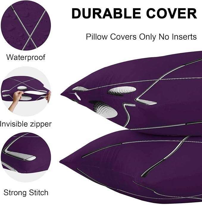 Vandarllin Outdoor Throw Pillows Covers 16x16 inch Set of 2 Waterproof Golf Ball Club Decorative Zippered Cushion Covers for Patio Furniture, Game Sports Purple Lumbar Pillowcases