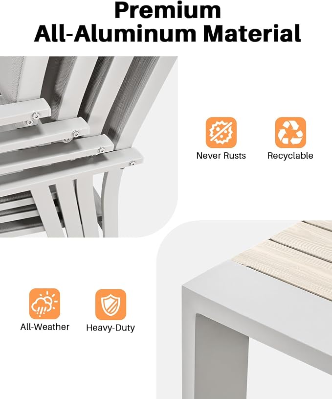 9-Piece Extendable Patio Dining Set with 2 Swivel Chairs, Never-Rust Aluminum Outdoor Dining Table Set, Oversized Expandable Dining Table with Wood Grain Top and Stackable Chairs for Balcony