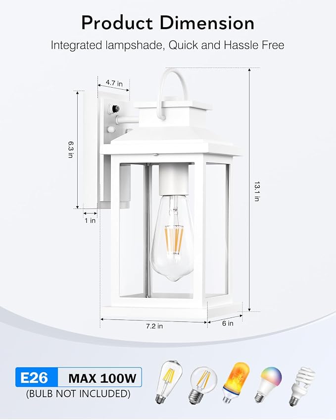 VIANIS White Exterior Garage Lighting Fixtures Wall Mount, 2 Pack Dusk to Dawn Sensor Outdoor Wall Lights for Porch, Modern Outside Lights for House, Outdoor Wall Sconces Lantern for Patio, Coach | Aluminum, Waterproof, Light Sensor, Outside Lights for...