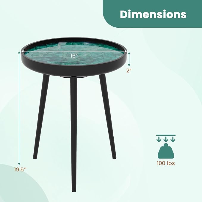 Giantex Outdoor Side Table, Round End Table with Epoxy Resin Finish, Sea Shell Decoration, Mahogany Wood Frame, Tray Top, Patio Side Table for Living Room, Pool, Yard, Porch (Green, 16” x 16” x 19.5”)