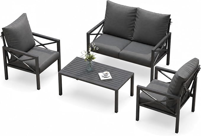 4-Piece All-Weather Metal Patio Furniture Set, Sectional Conversation Sofa w/Coffee Table, Heavy Duty Steel Frame & Washable Cushions for Backyard Garden (Grey, Furniture Set（X-Shaped）)