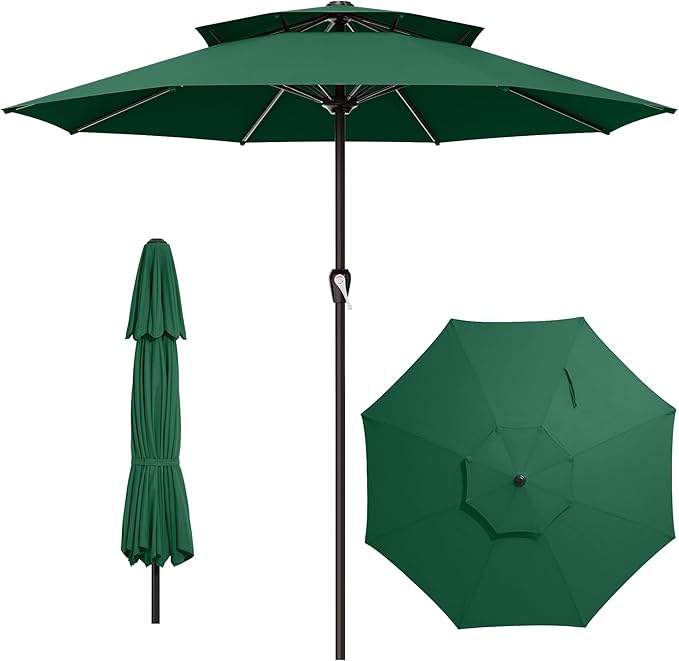 AreShark 12ft 2 Tiers Patio Umbrella - Outdoor Umbrella Waterproof UV Protection, Market Table Umbrella w/ 8 Sturdy Ribs&Crank for Pool, Porch, Garden(Dark Green)
