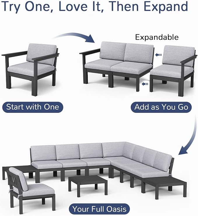 Stoog Modular Patio Sofa Set, 11-Piece Outdoor Sectional Sofa Set - Gap-Free & No Shifting Design, Waterproof HIPS Frame & Olefin Cushions, for Poolside Backyard, Black
