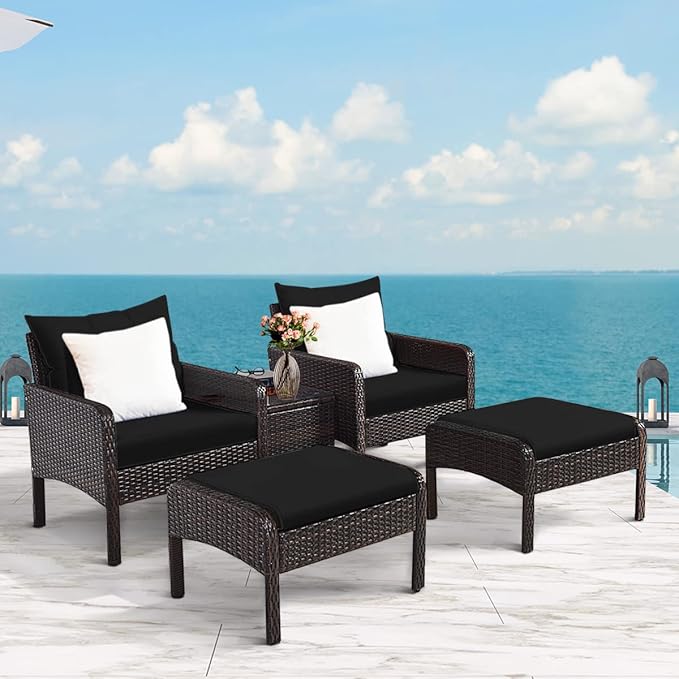 Tangkula 5 Pieces Wicker Patio Furniture Set, PE Rattan Outdoor All Weather Cushioned Sofas and Ottoman Set, 2-Person Outside Conversation Set for Lawn, Poolside, Yard, Balcony, Deck, Black
