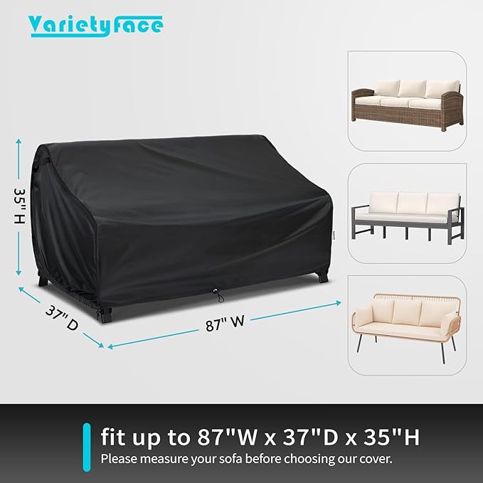 Extra-Large Outdoor Sofa Cover 87"W x 37"D x 35"H, Oversized Patio Couch Cover with Air Vents, Adjustable Buckle Straps, UV Resistant, Black