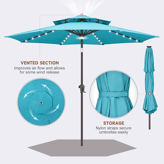 Jarka&Co 9ft Solar Patio Umbrella - 2 Tiers Solar Outdoor Umbrella with 40 LED Lights Waterprool UV Protection, Market Table Umbrella with Tilt for Backyard, Garden, Pool, Porch (Aqua Blue)