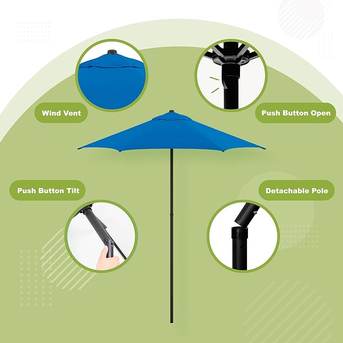 Sunline 7.5 ft Patio Umbrella with Crank & Push Button Tilt, Outdoor Market Umbrella with UV Protection & Wind Vent, Metal Frame for Deck, Pool & Table, Pacific Blue