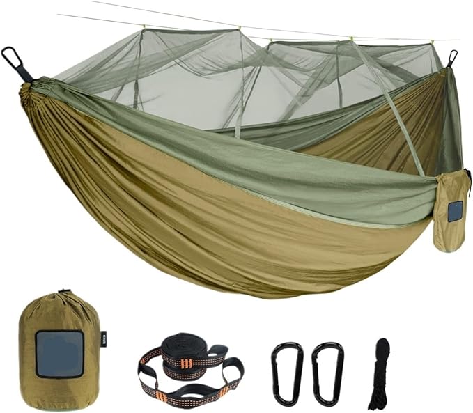Single and Double Size Nylon Fabric Portable Travel Outdoor Camping Hanging Sleeping Hammock with Mosquito Net(Single Blue 2)