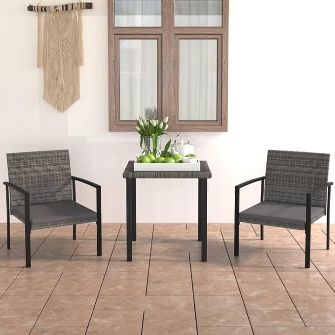 3 Piece Patio Dining Set Poly Rattan Gray Outdoor Furniture Table Chairs Set with Cushions for Garden Yard Porch Balcony Backyard Steel Frame Weatherproof