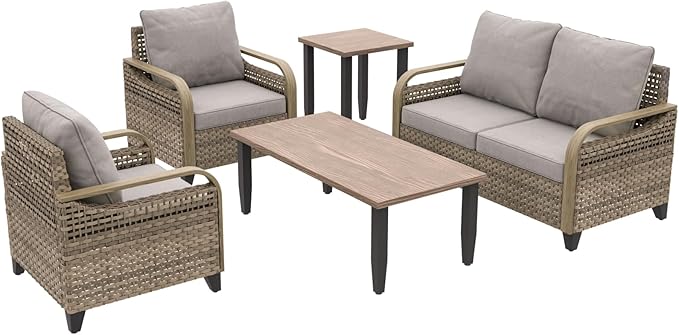 COOS BAY Modern Wicker Outdoor Furniture Set, 5 Piece Patio Conversation Set with 2 Patio Chairs, a Loveseat, Coffee Table and Side Table, 5 Piece, Brown/Gray