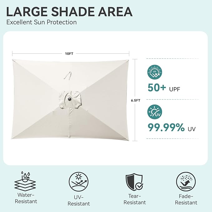 HASLE OUTFITTERS Rectangular Patio Umbrella, 6.5 x 10 ft Rectangle Table Umbrellas w/Heavy Duty Ribs, Effortless Crank and Push Button Tilt, Wind Resistant Sun Umbrella for Outdoor Patio, White