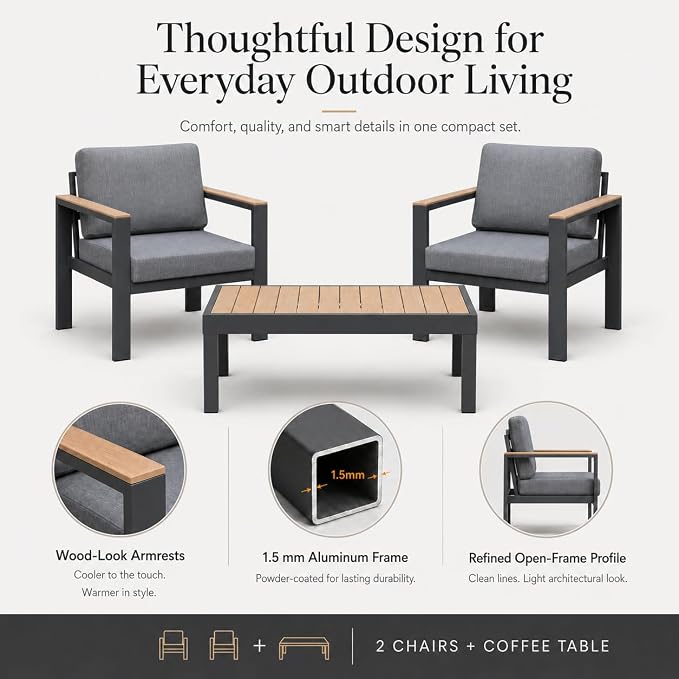 Outdoor Patio Furniture Set, 3-Piece Aluminum Conversation Set with 2 Chairs and Coffee Table, 5-Inch Water-Resistant Cushions, Powder-Coated Frame for Porch, Deck, Backyard, Gray