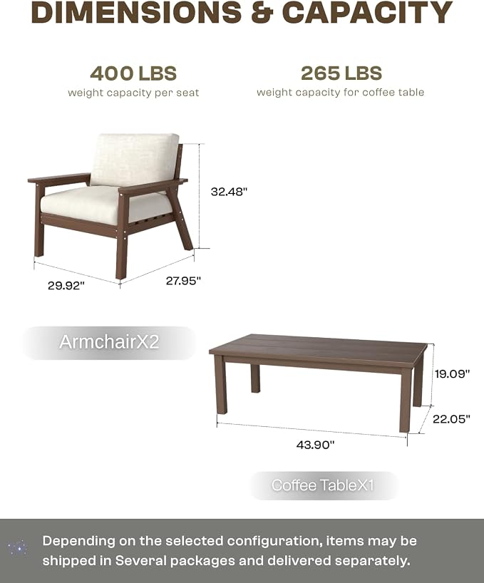 AreShark 3-Piece HDPE Patio Conversation Set, All Weather Outdoor Couch Set with Thick Cushions, Outdoor Sectional Outdoor Sofa Set for Lawn, Deck, Backyard, Brown & Beige