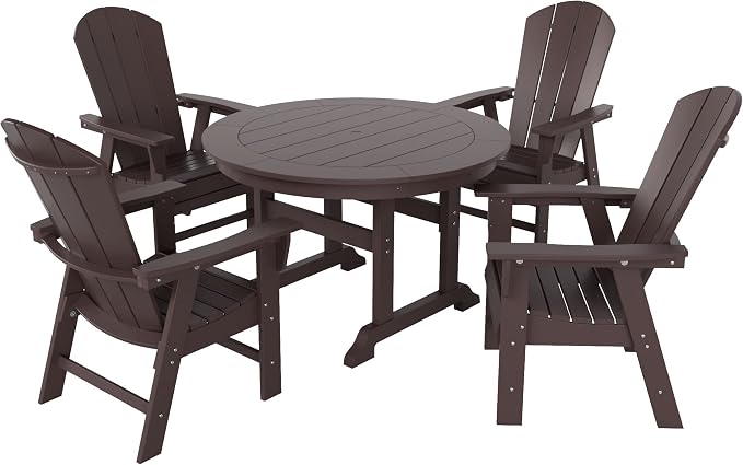 WestinTrends Malibu 5 Piece Adirondack Patio Dining Set, All Weather Poly Lumber Outdoor Table and Chairs Furniture Set, 47" Trestle Round Dining Table and 4 Adirondack Dining Chair, Dark Brown