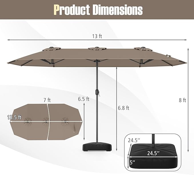 Tangkula 13FT Double-sided Patio Umbrella, Extra Large Twin Table Umbrella with Crank Handle, Umbrella Base, Safety Lock, Air Vent, Outdoor Market Umbrella for Garden Pool Backyard (Tan)