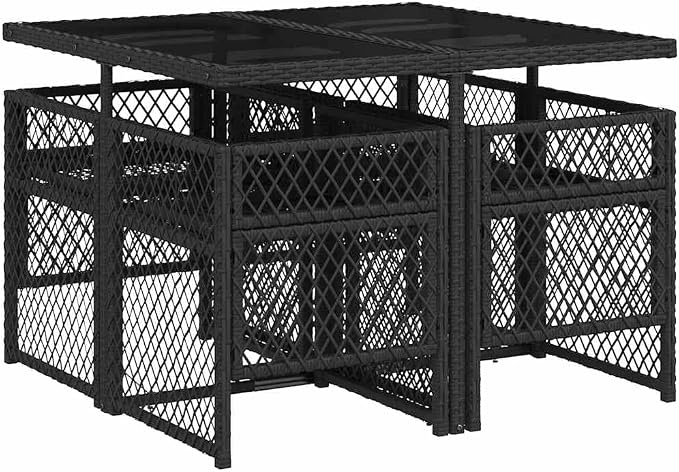 5-Piece Garden Dining Set with 4 Chairs and Glass Top Table, Modern Poly Rattan Patio Furniture Set with Cream Cushions for Outdoor Backyard and Terrace, Black