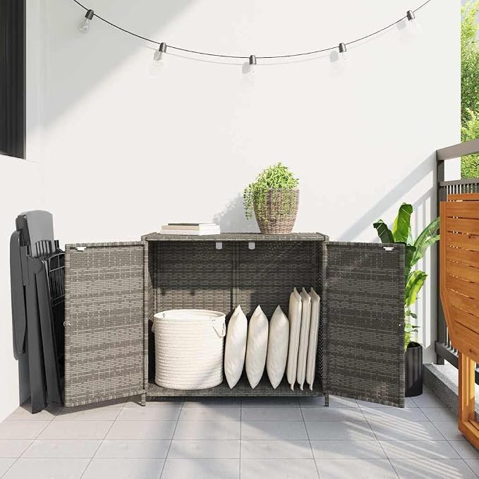 Modern Outdoor Storage Cabinet for Tools Durable PE Rattan Garden Storage Box Weather Resistant PE Rattan Cabinet Grey Garden with Magnetic Closure Outdoor Black