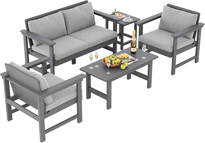 5-Piece Patio Conversation Sets, Weatherproof HDPE Sectional Furniture Set with Cushions, Outdoor Sofa Set for for Porch, Balcony, Deck, Lawn (Grey)
