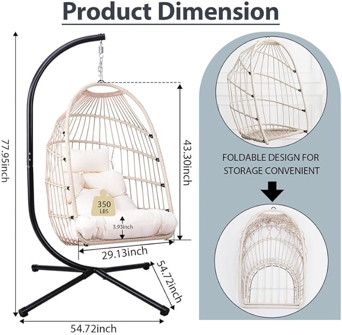 Foldable Hanging Egg Chair with Stand and Pillow, HDPE Rattan and Heavy Duty Aluminum-Steel Frame, Outdoor Patio Wicker Swing Egg Chair with Headrest and Cushioned, (Beige)