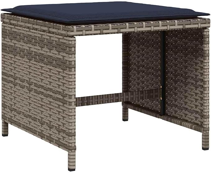 15 Piece Garden Dining Set with Cushions Grey Poly Rattan Outdoor Patio Furniture Set with 10 Folding Chairs Storage Stool Tempered Glass Table UV Resistant Max Load 110 kg Navy Blue