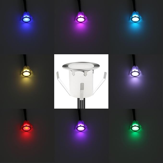 LED Outdoor Deck Lights Kits, Φ1.18in RGB 20 Pack Silver, Low Voltage 12 Volt DC IP67 Waterproof, Multi Color Changing Remote Dimmable, Electric Wired Recessed Stair Step Landscape Lighting