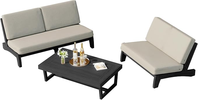 3 Piece Teak Outdoor Patio Frutnire Set, 5 Seater Patio Conversation Sets with Thick Cushions, Outdoor Sectional Furniture with Coffee Table - Light Camel