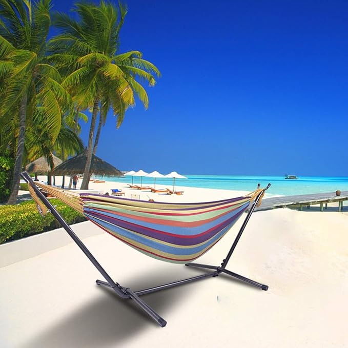 Double Hammock with Space Saving Steel Stand,2 People Standing Hammocks with Portable Carrying Bag,Easy Assembly,330lb Capacity,Perfect for Indoor,Yard,Camping,Garden (Colorful)