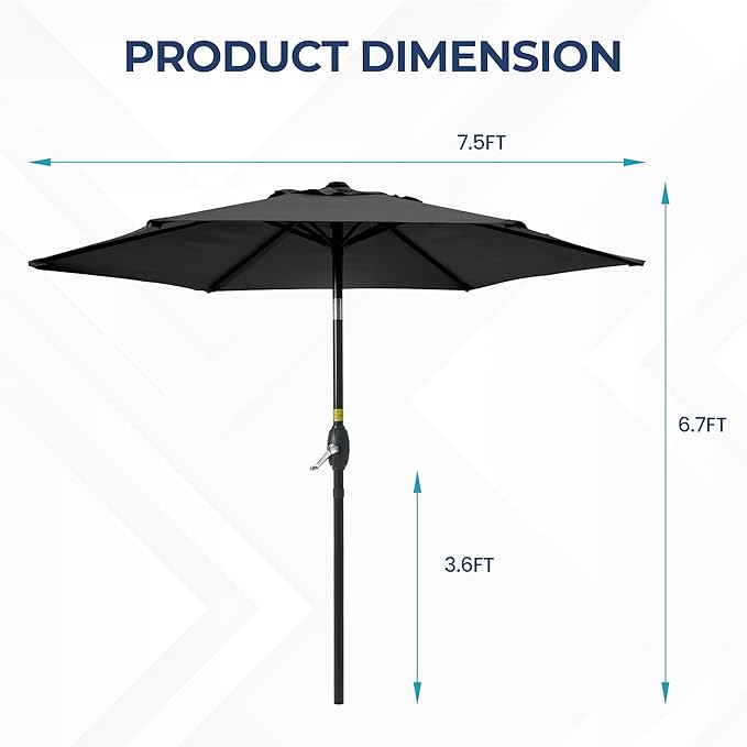 Wisteria Lane Outdoor Patio Umbrella, 7.5' Patio Umbrella, Market Umbrella, Large Outdoor Umbrella, Metal Pole Umbrella with Push Button Tilt and Crank, Polyester Canopy