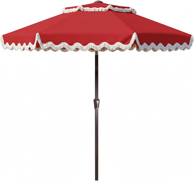 9FT Patio Umbrella with Fringe,Tassel Umbrella with Push-Button Tilt | UPF 50+ & Rust-Resistant Fiberglass Frame for Patio, Pool,Garden,Yard(Red)