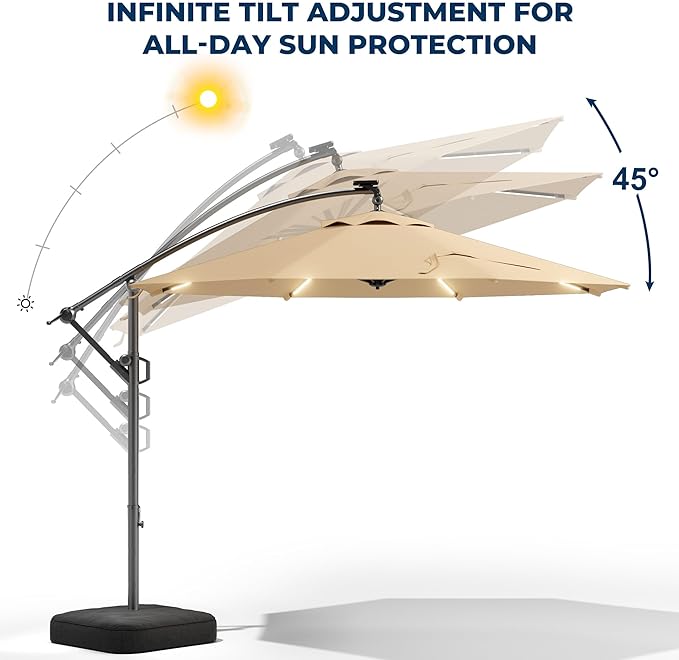 HOMSHADE 10 ft Offset Patio Umbrella with Solar Lights, LED Lighted Umbrella Outdoor Patio with Base Included, Heavy Duty Hanging Cantilever Umbrellas for Pool Deck with UV Protection&Easy Tilt, Beige