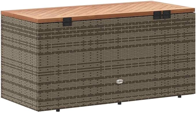 Modern Outdoor Storage Box with Seating, 19.7 x 43.3 x 21.3 Inches, PE Rattan and Acacia Wood Deck Box for Garden, Patio and Balcony