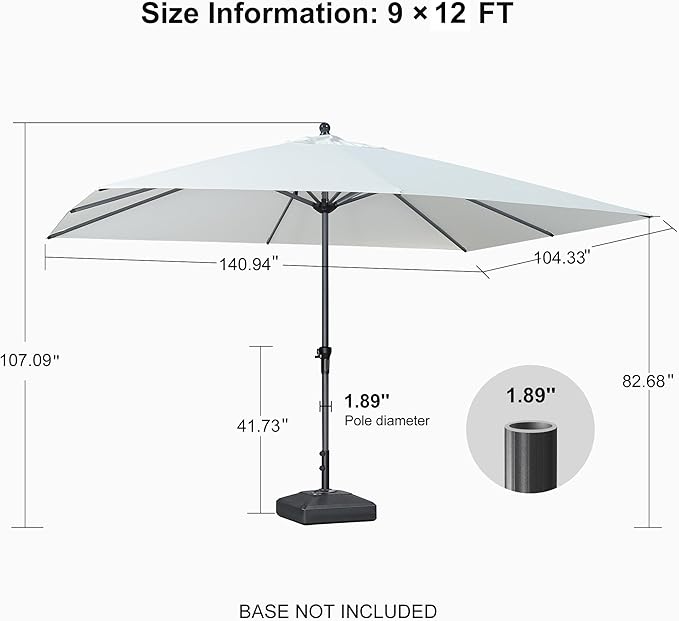 PURPLE LEAF 12' x 9' Patio Market Umbrella Outdoor Table Sun Umbrellas with Crank 8 Aluminum Sturdy Ribs for Pool Deck Backyard Beach White