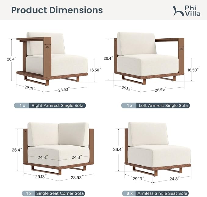 PHI VILLA HDPE Patio Furniture Set, 6 Pieces Sectional Outdoor Conversation Sets with 9.8" Thick Beige Cushions, L Shaped Modular Wicker Rattan Patio Sofa Couch for Garden, Backyard(Beige)