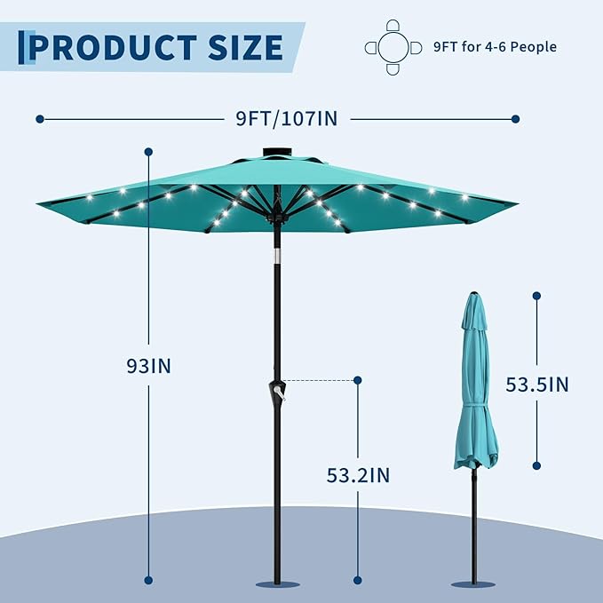 Garvee 9FT Solar Patio Umbrella with 32 LED Lights - Outdoor Table Umbrella with Crank Lift, Push Button Tilt and 8 Sturdy Ribs - Market Umbrella UV Protection for Pool, Deck, Yard, Garden -Sky Blue