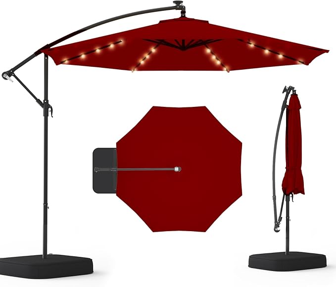 EROMMY 10FT 40-LED Solar Lighted Patio Umbrella with Base Included, Outdoor Offset Cantilever Umbrella, Infinite Tilt, Crank and Cross Base, UV Protection for Backyard, Lawn, Garden & Pool