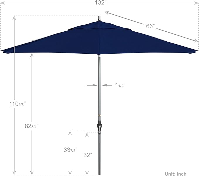 California Umbrella 11Ft Premium Sunbrella Patio Umbrella, Hand-Crank, Tilt-Collar, Gray Frame, True Blue Fabric