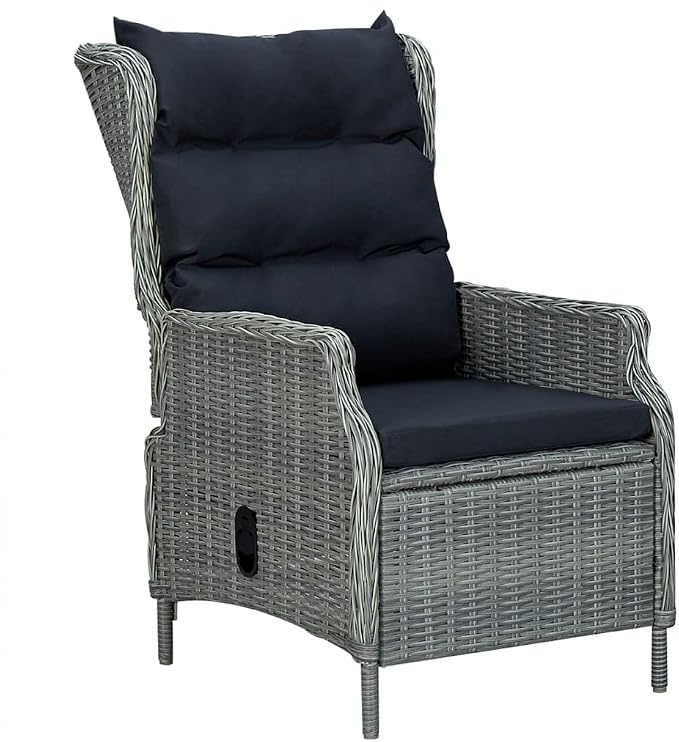 5 Piece Patio Dining Set Light Gray Poly Rattan with Tempered Glass Table, Reclining Chairs and Cushions, Outdoor Garden Conversation Set for Backyard Deck Lawn Porch, Weather Resistant Furniture