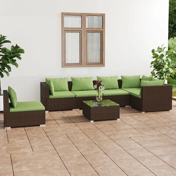 7 Piece Patio Lounge Set with Cushion, Outdoor Patio Sectional Furniture Conversation Sets Patio Lounge Set Piece Patio Set s Poly Rattan Brown